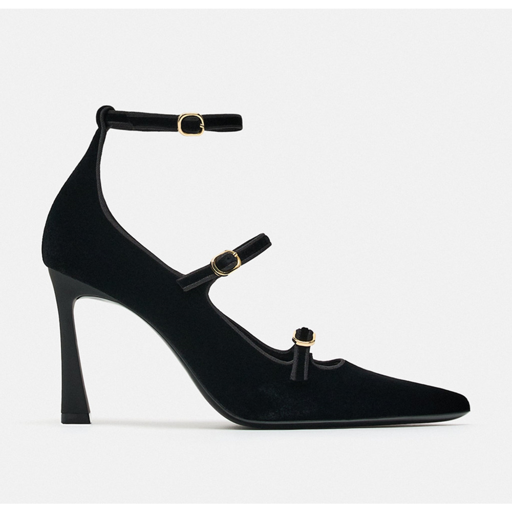 ZARA Velvet Mary Jane Heels NWT Black Pointed Toe Multi Strap Pumps Size 9 - Picture 14 of 16